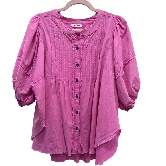day + moon Tops - day+moon | Bubblegum Pink Oversized Button Up Top Size Small Pintuck Cotton